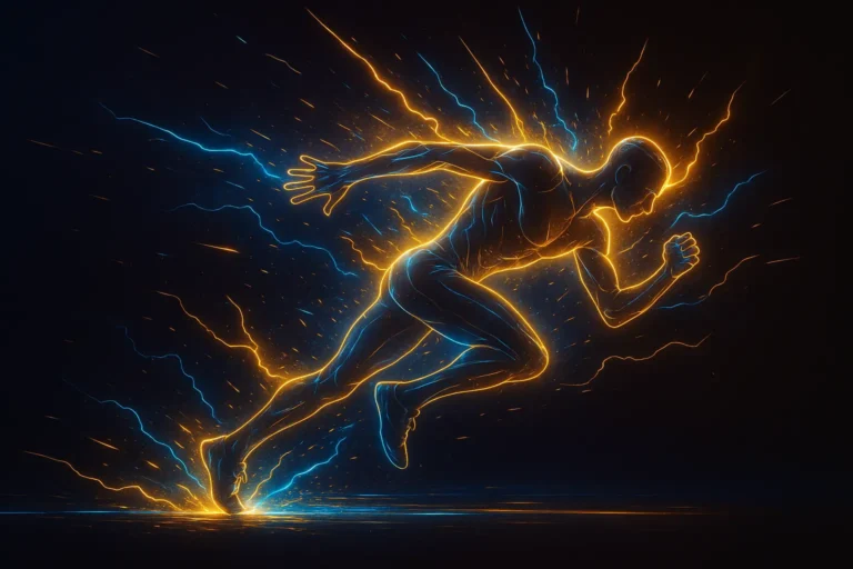 HIIT vs cardio workout — high-intensity runner with energy burst illustration