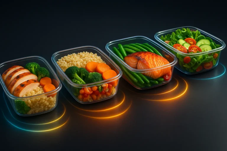 Easy meal prep guide for beginners — organized food containers on a kitchen table, healthy lifestyle inspiration.
