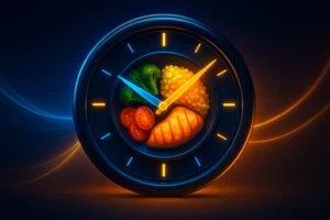 intermittent fasting clock with healthy food — symbol of meal timing and fasting balance