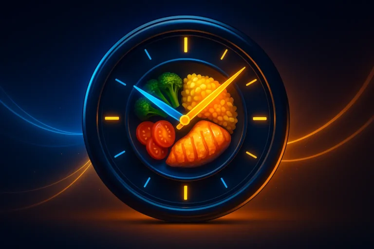 intermittent fasting clock with healthy food — symbol of meal timing and fasting balance